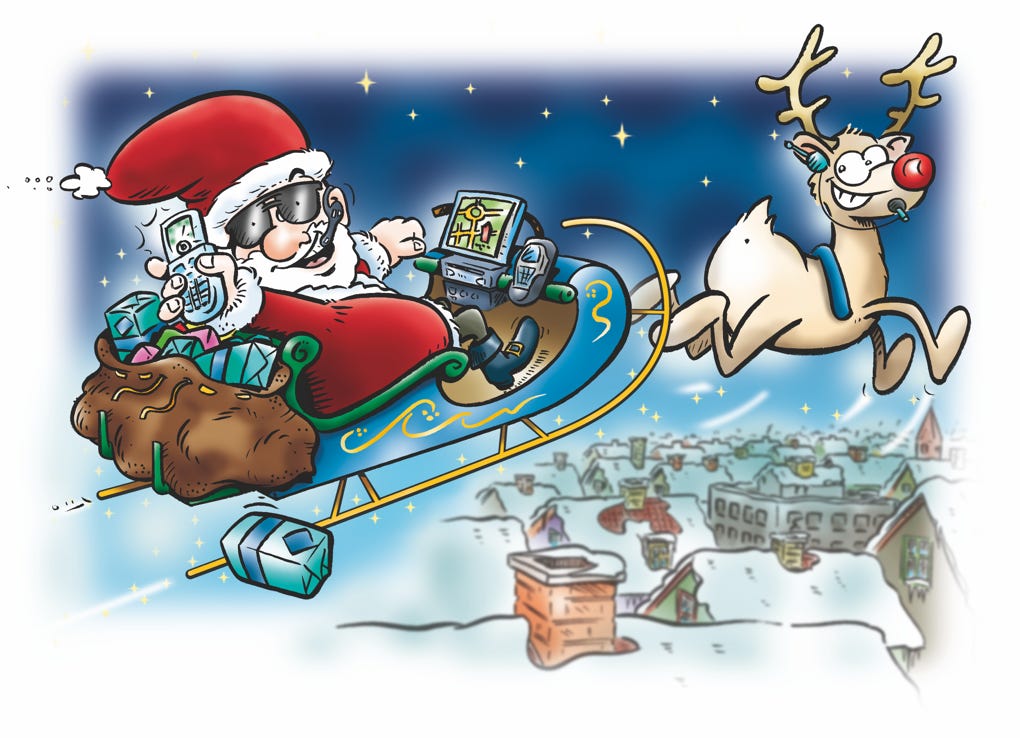 Illustration Santas GPS equiped sledge Rudolf in front telecom