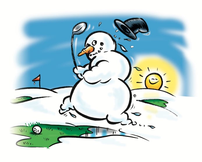 Snowman playing golf before spring